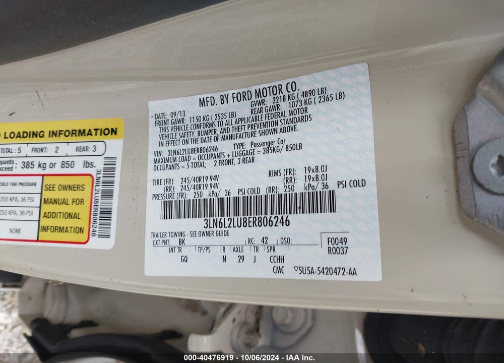 2014 LINCOLN MKZ HYBRID VIN: 3LN6L2LU8ER806246