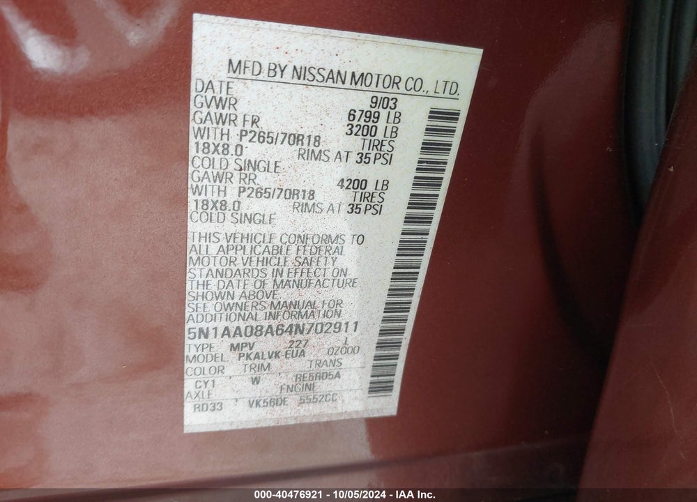 2004 PATHFINDER NISSAN  ARMADA LE VIN: 5N1AA08A64N702911