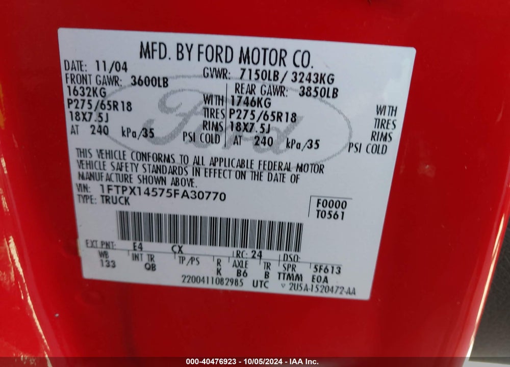 2005 FORD F-150 FX4/LARIAT/XL/XLT VIN: 1FTPX14575FA30770