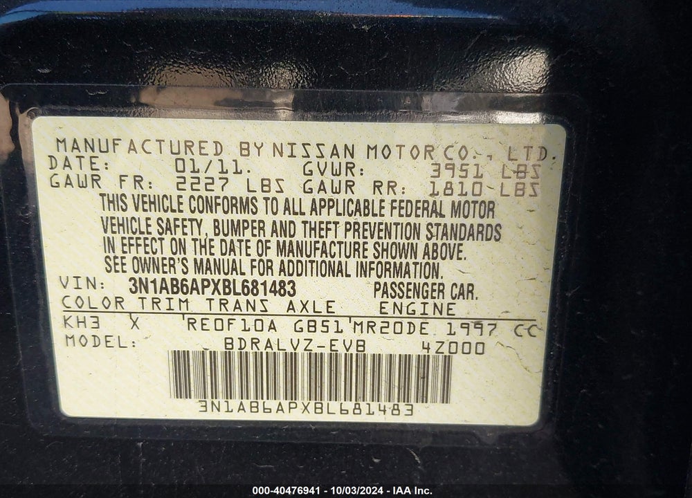 2011 NISSAN SENTRA 2.0SL VIN: 3N1AB6APXBL681483
