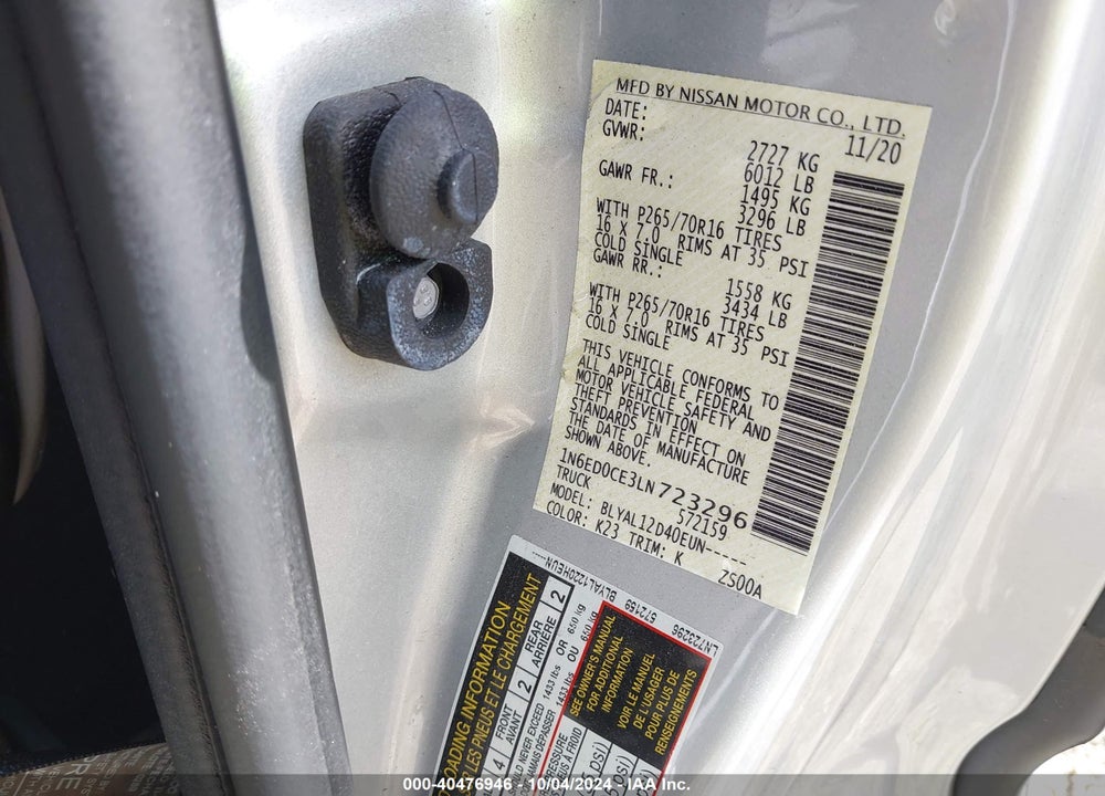 2020 NISSAN FRONTIER S 4X2 VIN: 1N6ED0CE3LN723296