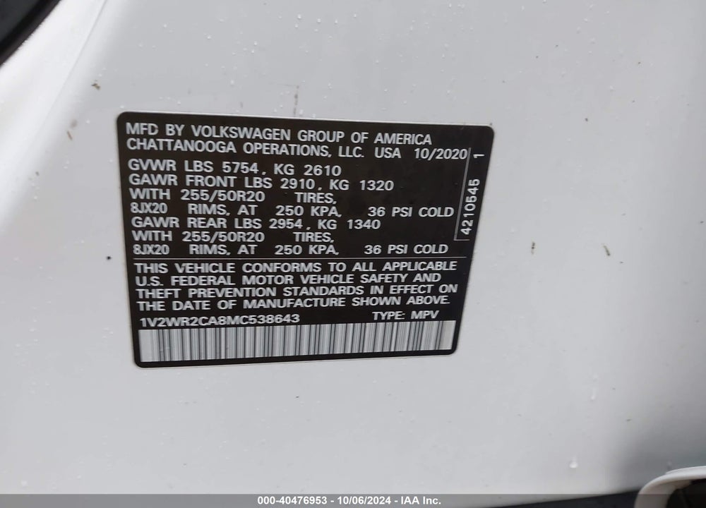 2021 VOLKSWAGEN ATLAS 3.6L V6 SE W/TECHNOLOGY VIN: 1V2WR2CA8MC538643