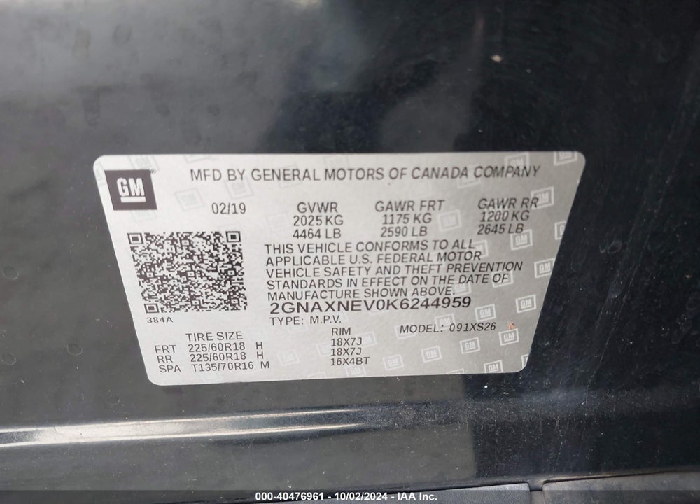 2019 CHEVROLET EQUINOX PREMIER VIN: 2GNAXNEV0K6244959