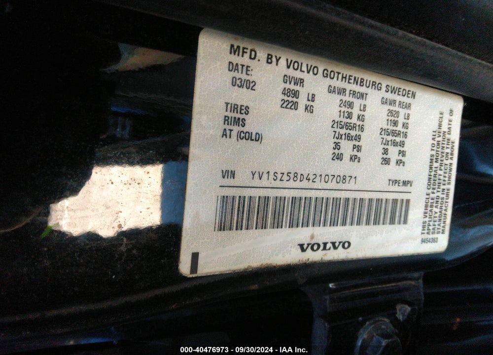 2002 VOLVO V70 XC VIN: YV1SZ58D421070871