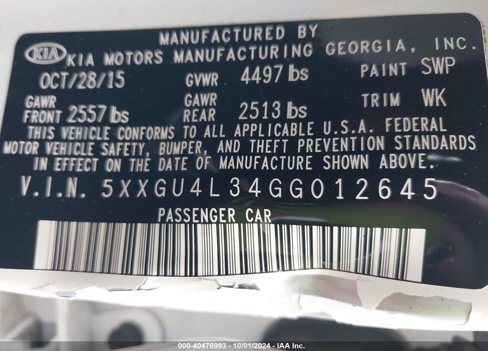 2016 KIA OPTIMA EX VIN: 5XXGU4L34GG012645