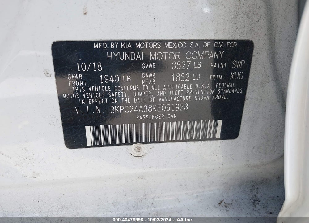 2019 HYUNDAI ACCENT SE VIN: 3KPC24A38KE061923
