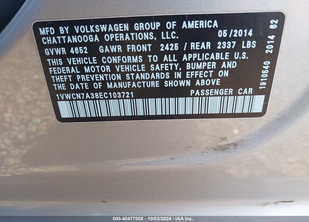 2014 VOLKSWAGEN PASSAT 2.0L TDI SEL PREMIUM VIN: 1VWCN7A38EC103721