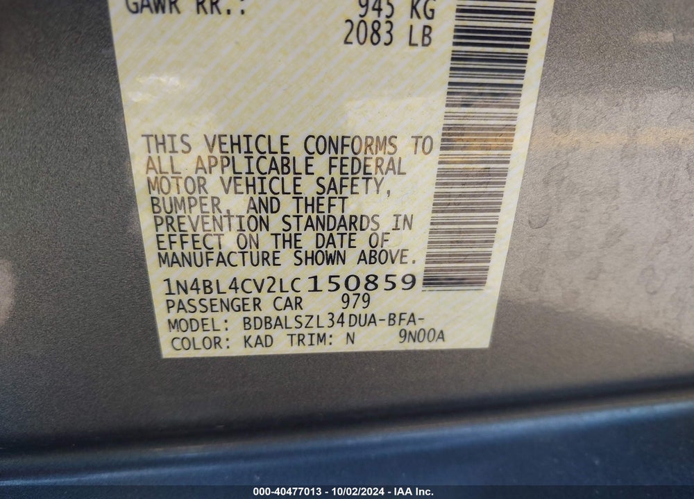 2020 NISSAN ALTIMA SR FWD VIN: 1N4BL4CV2LC150859