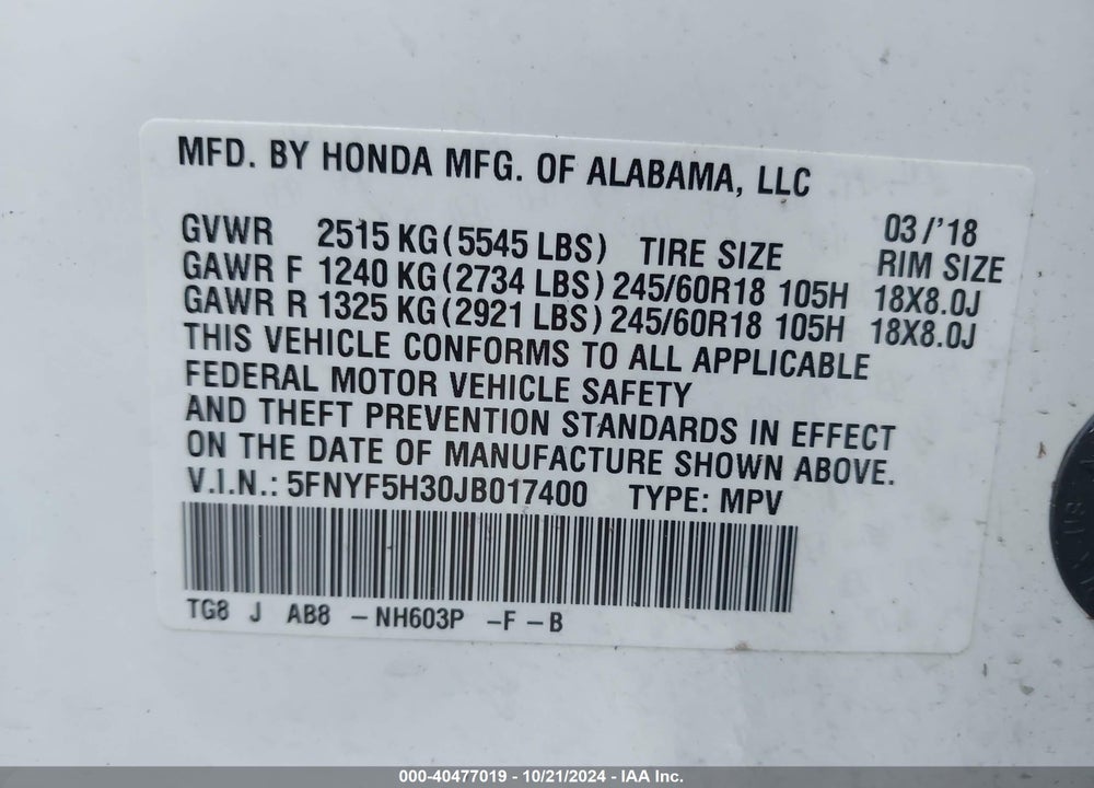 2018 HONDA PILOT EX VIN: 5FNYF5H30JB017400