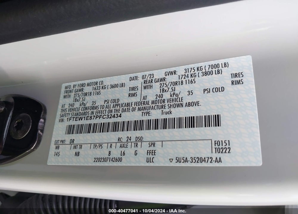 2023 FORD F-150 TREMOR VIN: 1FTEW1E87PFC32434