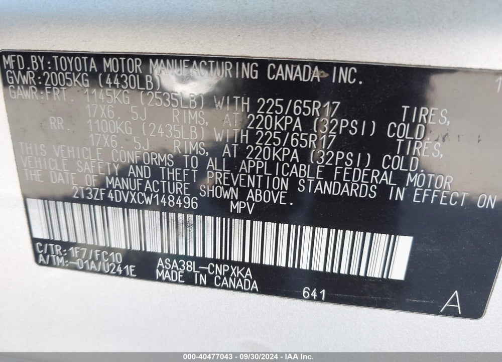 2012 TOYOTA RAV4 VIN: 2T3ZF4DVXCW148496