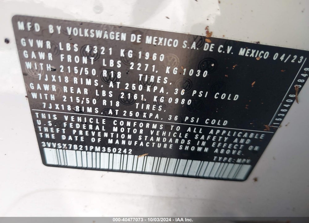 2023 VOLKSWAGEN TAOS 1.5T SE VIN: 3VVSX7B21PM350242