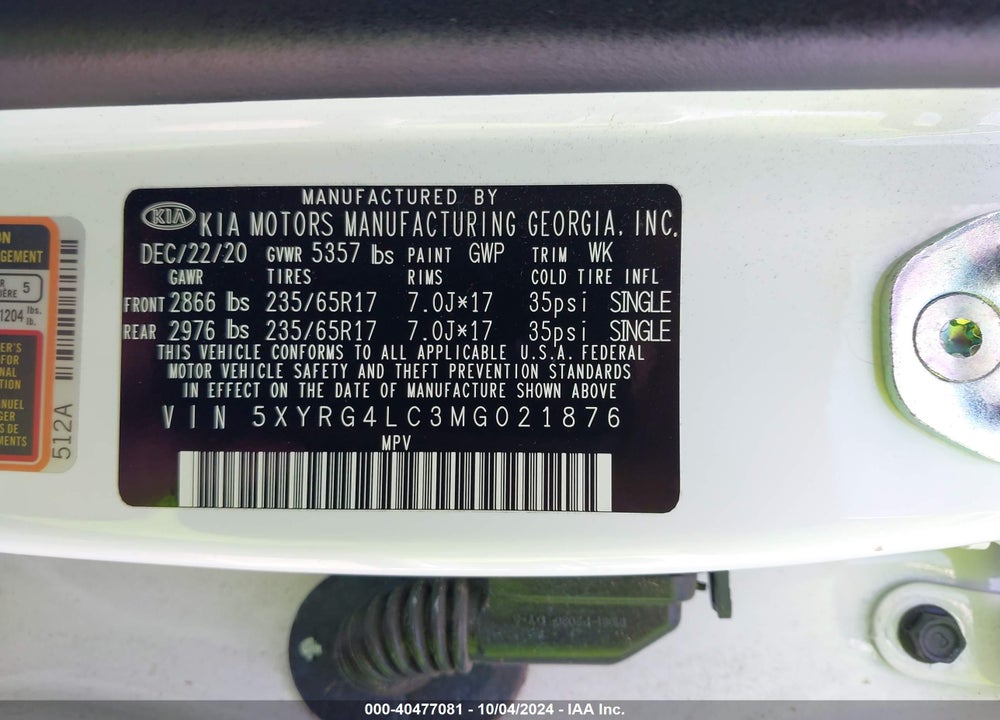 2021 KIA SORENTO LX VIN: 5XYRG4LC3MG021876