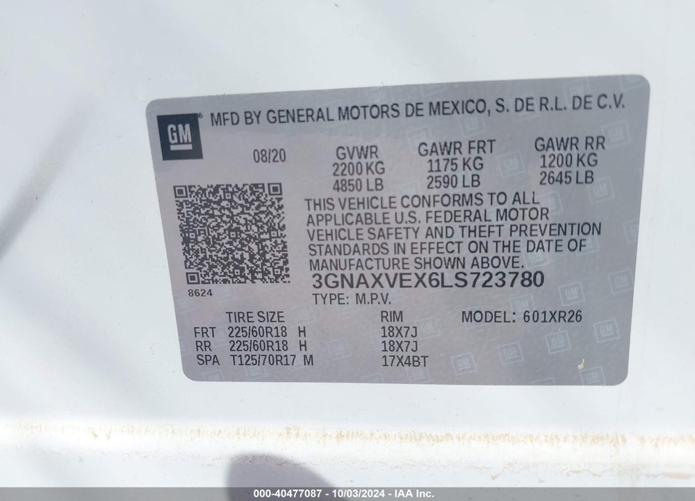 2020 CHEVROLET EQUINOX AWD LT 2.0L TURBO VIN: 3GNAXVEX6LS723780