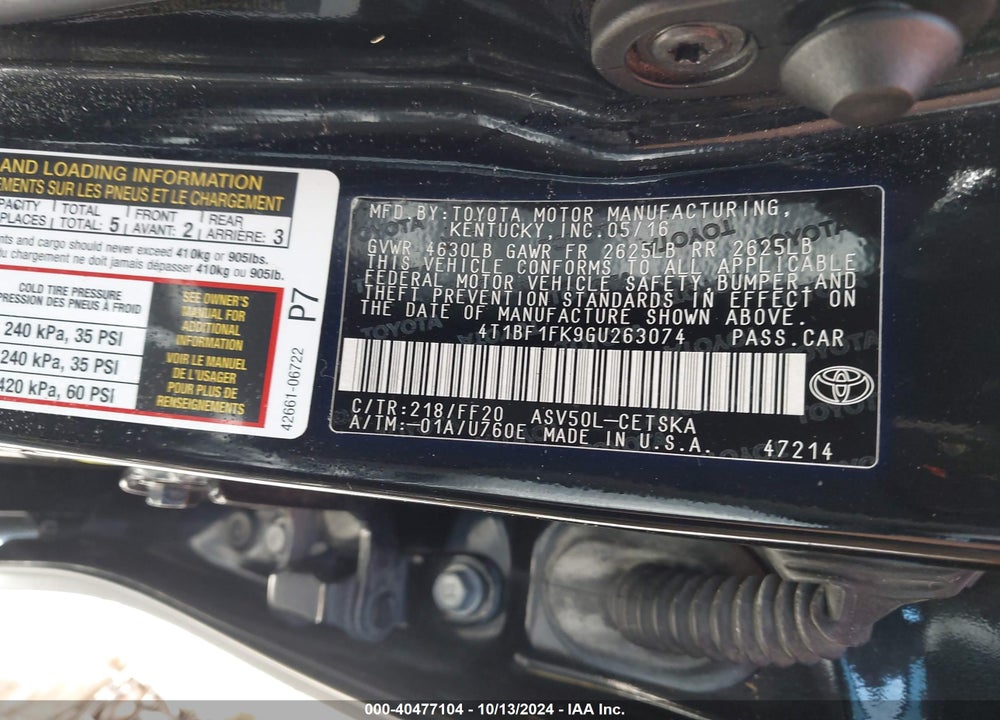 2016 TOYOTA CAMRY SE VIN: 4T1BF1FK9GU263074