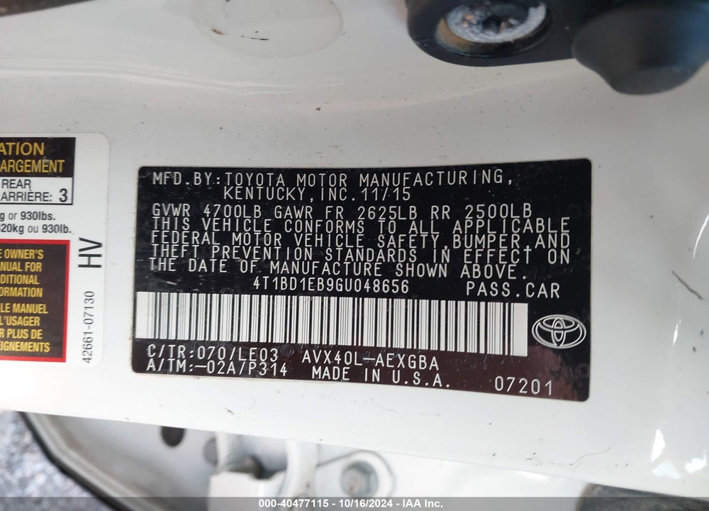 2016 TOYOTA AVALON HYBRID XLE PREMIUM VIN: 4T1BD1EB9GU048656