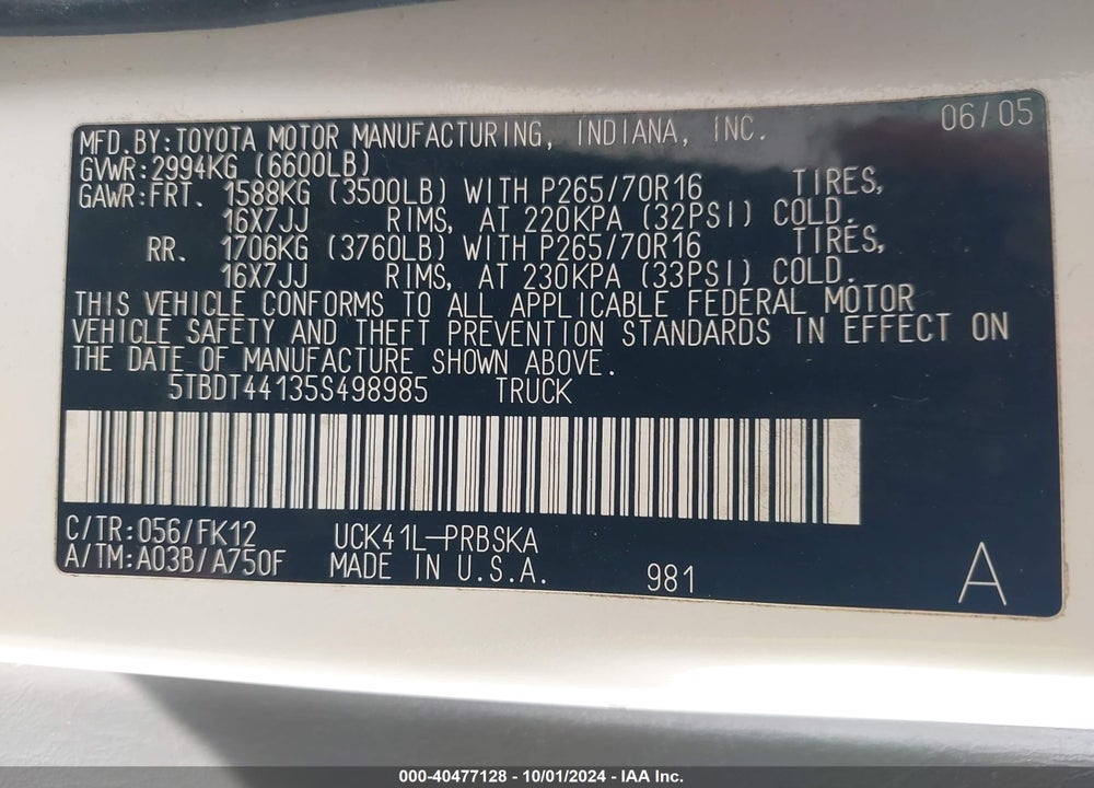 2005 TOYOTA TUNDRA SR5 V8 VIN: 5TBDT44135S498985