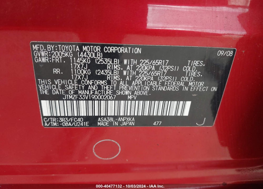 2009 TOYOTA RAV4 VIN: JTMZF33V19D002067