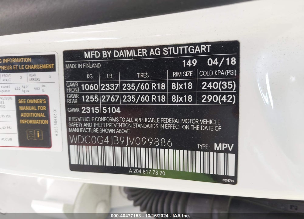 2018 MERCEDES-BENZ GLC 300 VIN: WDC0G4JB9JV099886