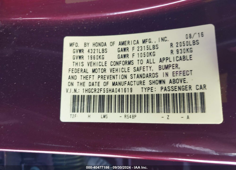 2017 HONDA ACCORD VIN: 1HGCR2F55HA041619