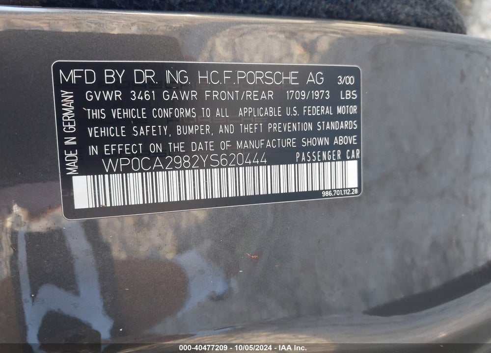 2000 PORSCHE BOXSTER VIN: WP0CA2982YS620444