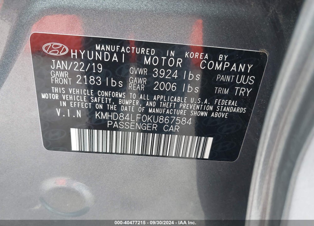 2019 HYUNDAI ELANTRA SEL VIN: KMHD84LF0KU867584