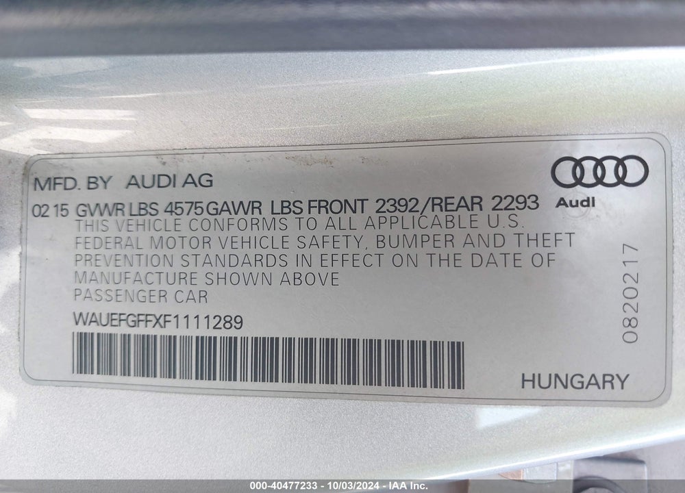 2015 AUDI A3 2.0T PREMIUM VIN: WAUEFGFFXF1111289