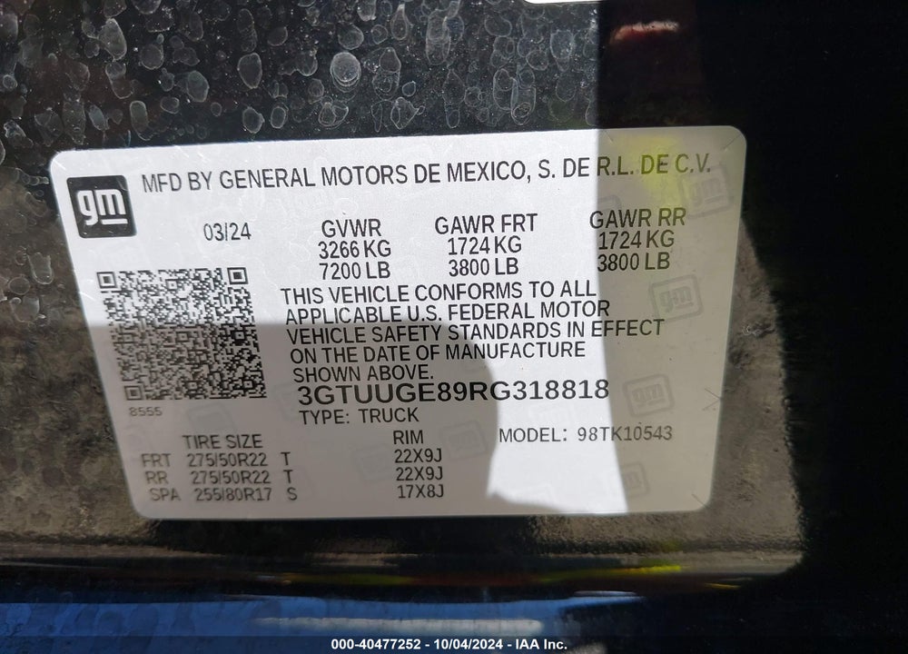 2024 GMC SIERRA 1500 4WD SHORT BOX DENALI VIN: 3GTUUGE89RG318818