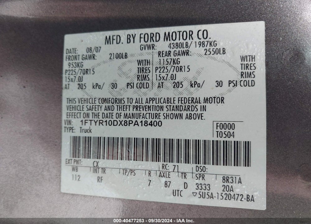 2008 FORD RANGER XL/XLT VIN: 1FTYR10DX8PA18400