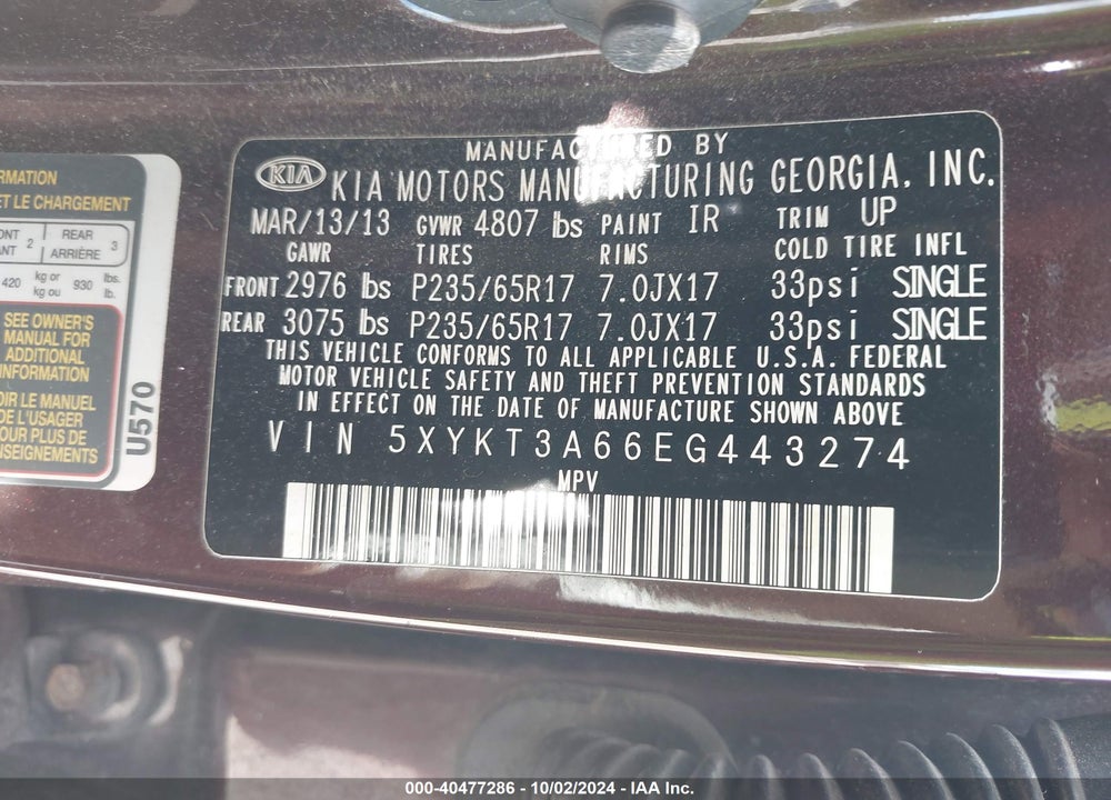 2014 KIA SORENTO LX VIN: 5XYKT3A66EG443274