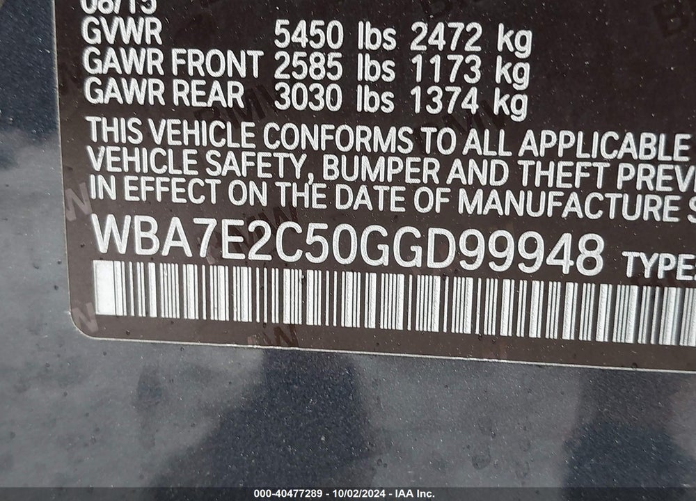 2016 BMW 740I VIN: WBA7E2C50GGD99948