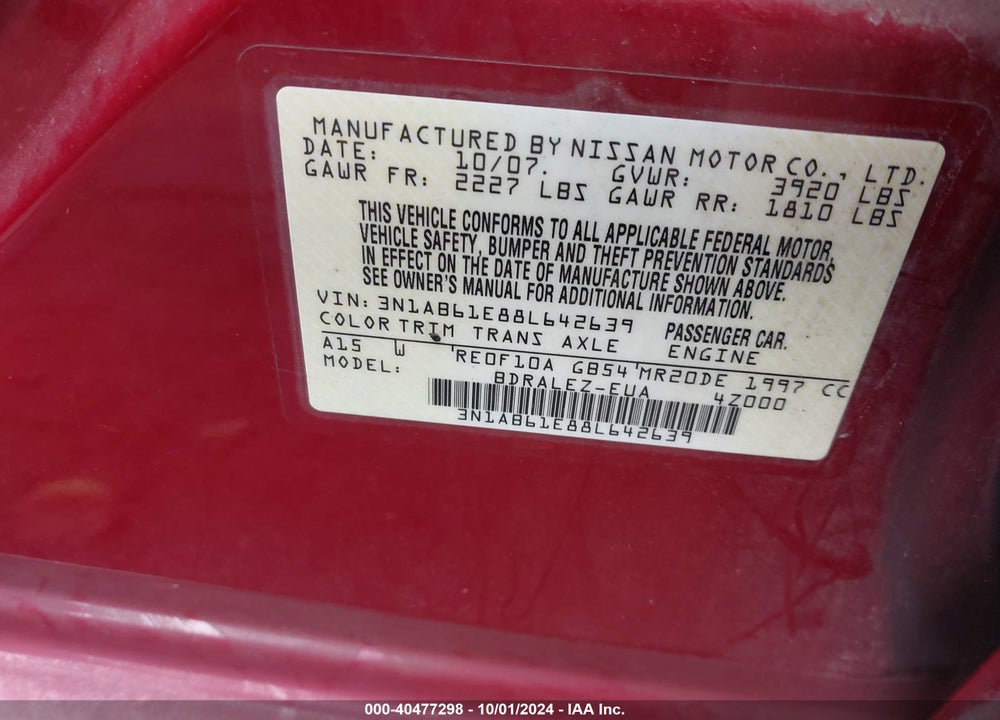 2008 NISSAN SENTRA 2.0S VIN: 3N1AB61E88L642639