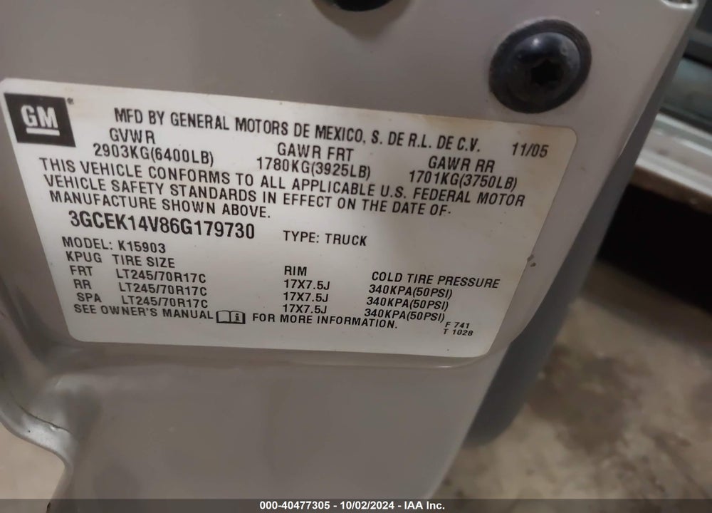 2006 CHEVROLET SILVERADO VIN: 3GCEK14V86G179730