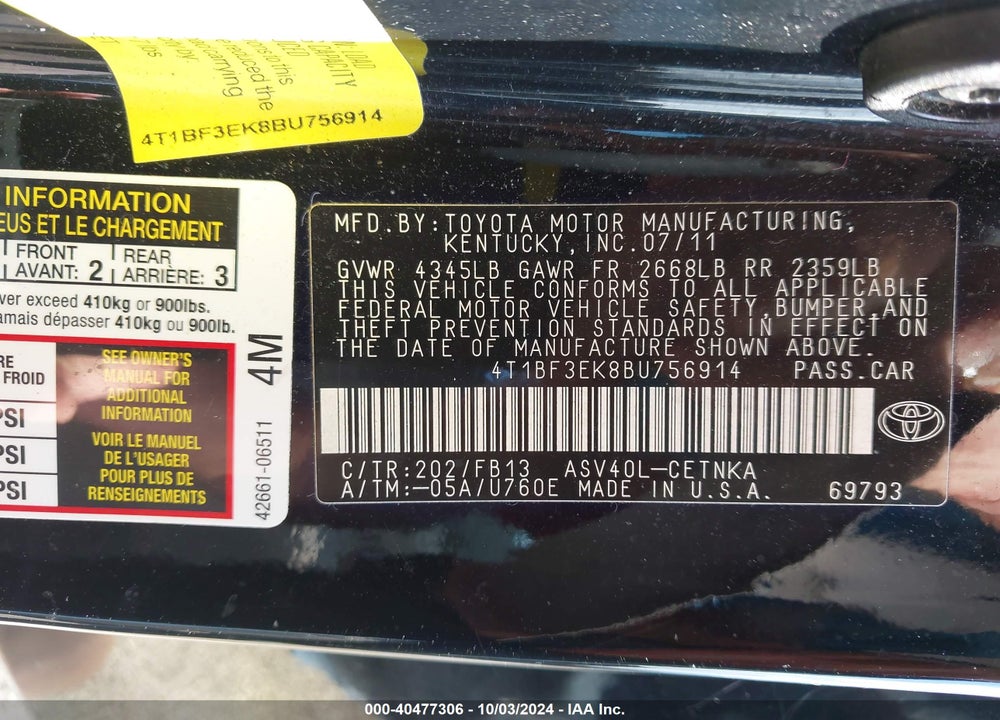2011 TOYOTA CAMRY VIN: 4T1BF3EK8BU756914