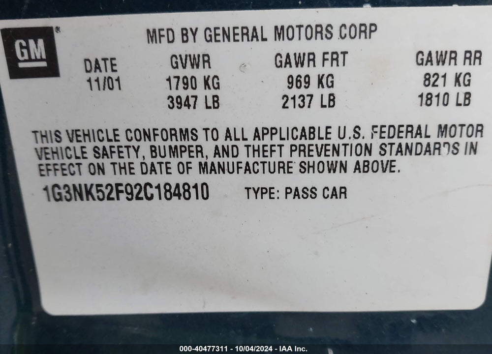 2002 OLDSMOBILE ALERO GX VIN: 1G3NK52F92C184810