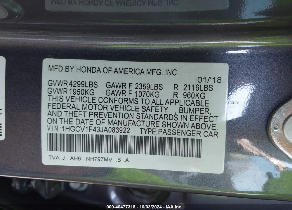 2018 HONDA ACCORD EX VIN: 1HGCV1F43JA083922