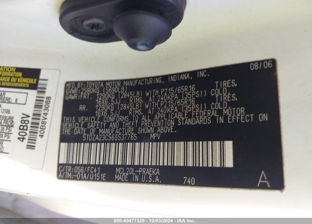 2006 TOYOTA SIENNA LE VIN: 5TDZA23C56S537765