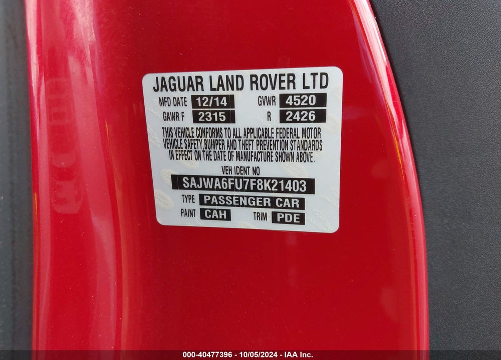 2015 JAGUAR F-TYPE S VIN: SAJWA6FU7F8K21403