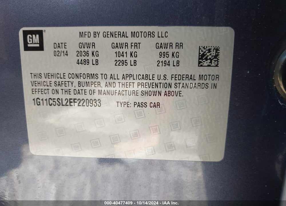 2014 CHEVROLET MALIBU 1LT VIN: 1G11C5SL2EF220933