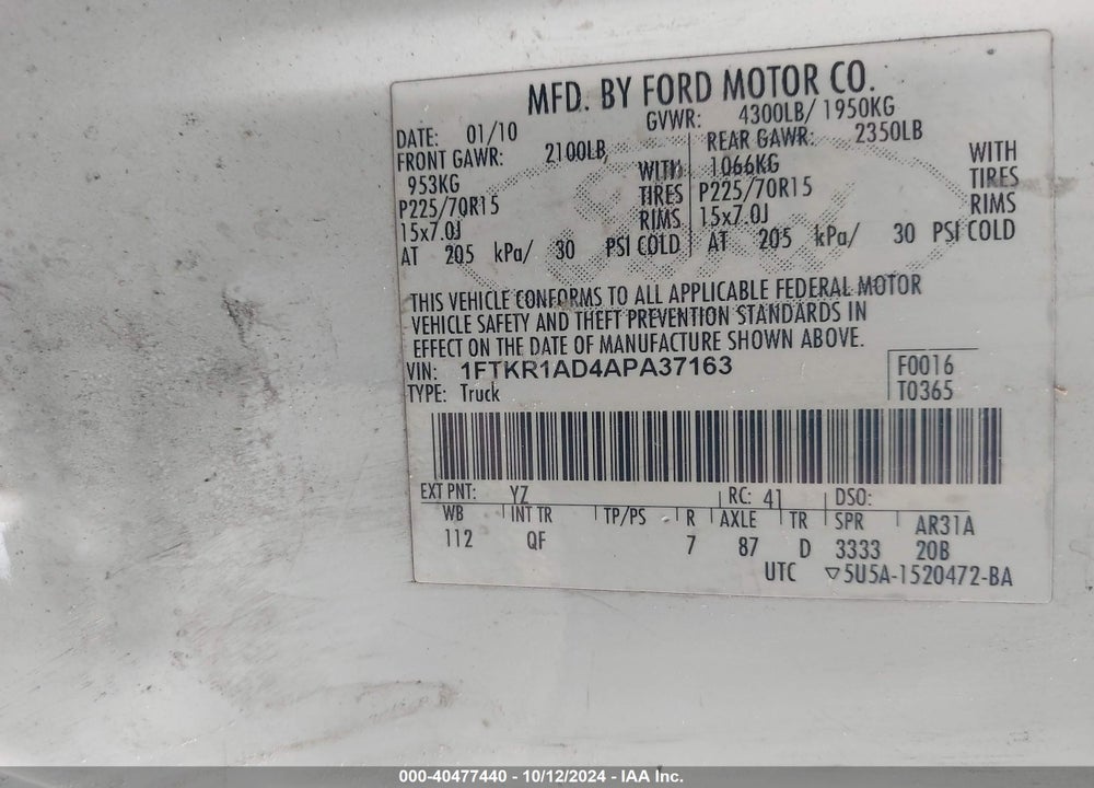 2010 RANGER FORD  XL/XLT VIN: 1FTKR1AD4APA37163