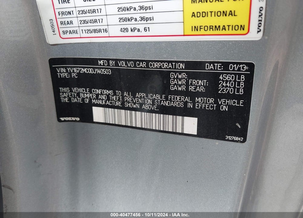 2013 VOLVO C70 T5 VIN: YV1672MC0DJ140503