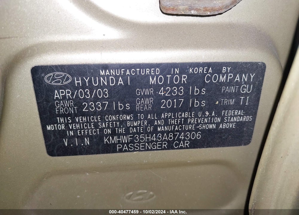 2003 HYUNDAI SONATA GLS/LX VIN: KMHWF35H43A874306
