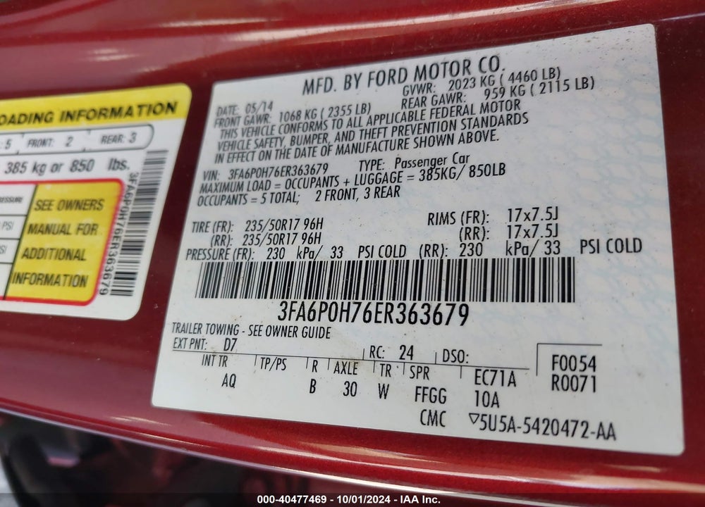 2014 FORD FUSION SE VIN: 3FA6P0H76ER363679