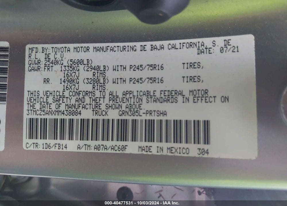 2021 TOYOTA TACOMA SR V6 VIN: 3TMCZ5ANXMM438084