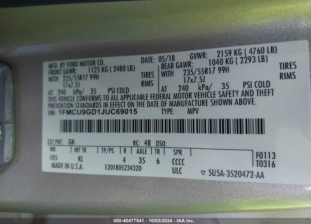2018 FORD ESCAPE SE VIN: 1FMCU9GD1JUC69015