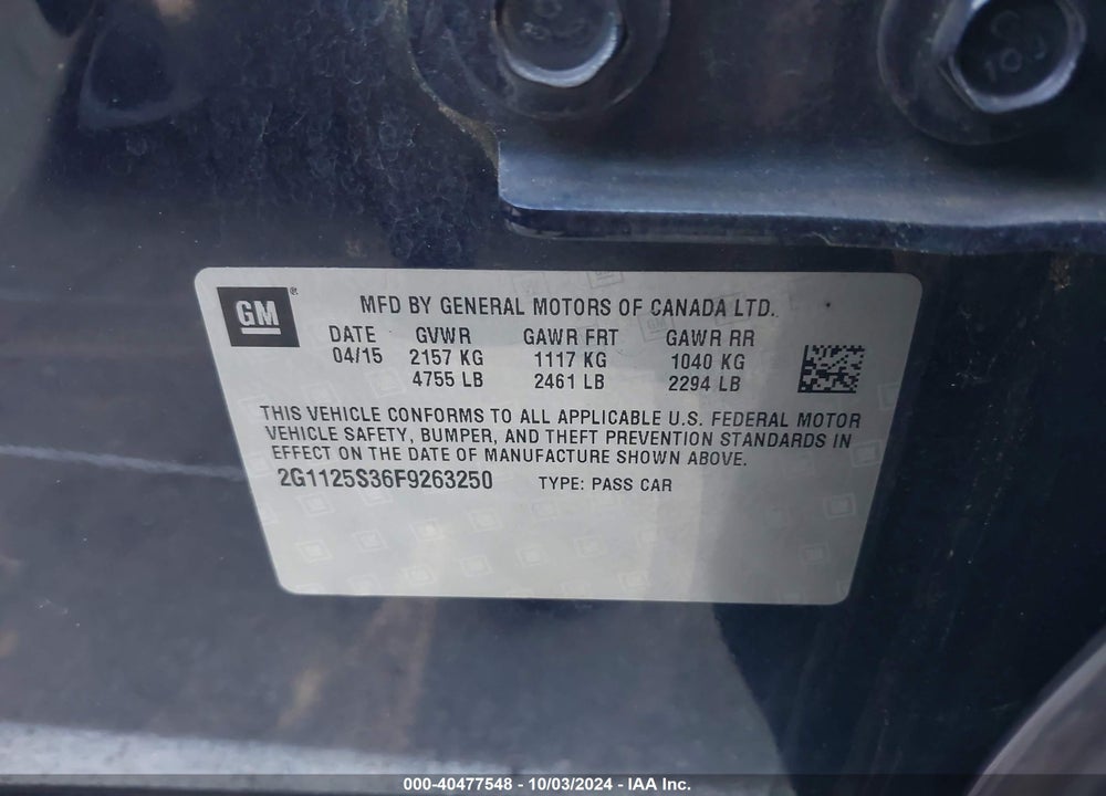 2015 CHEVROLET IMPALA 2LT VIN: 2G1125S36F9263250