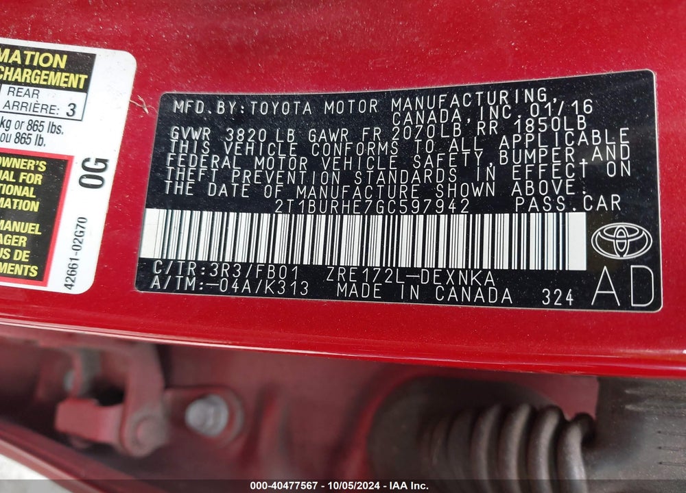 2016 TOYOTA COROLLA LE VIN: 2T1BURHE7GC597942