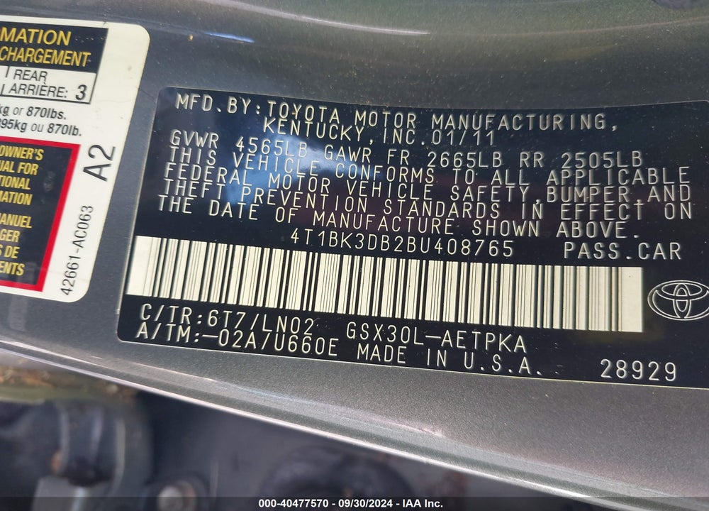 2011 TOYOTA AVALON LIMITED VIN: 4T1BK3DB2BU408765