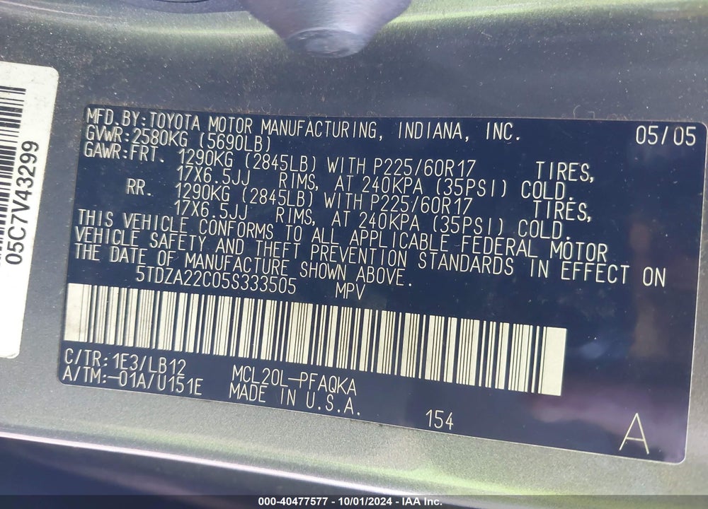 2005 TOYOTA SIENNA XLE VIN: 5TDZA22C05S333505