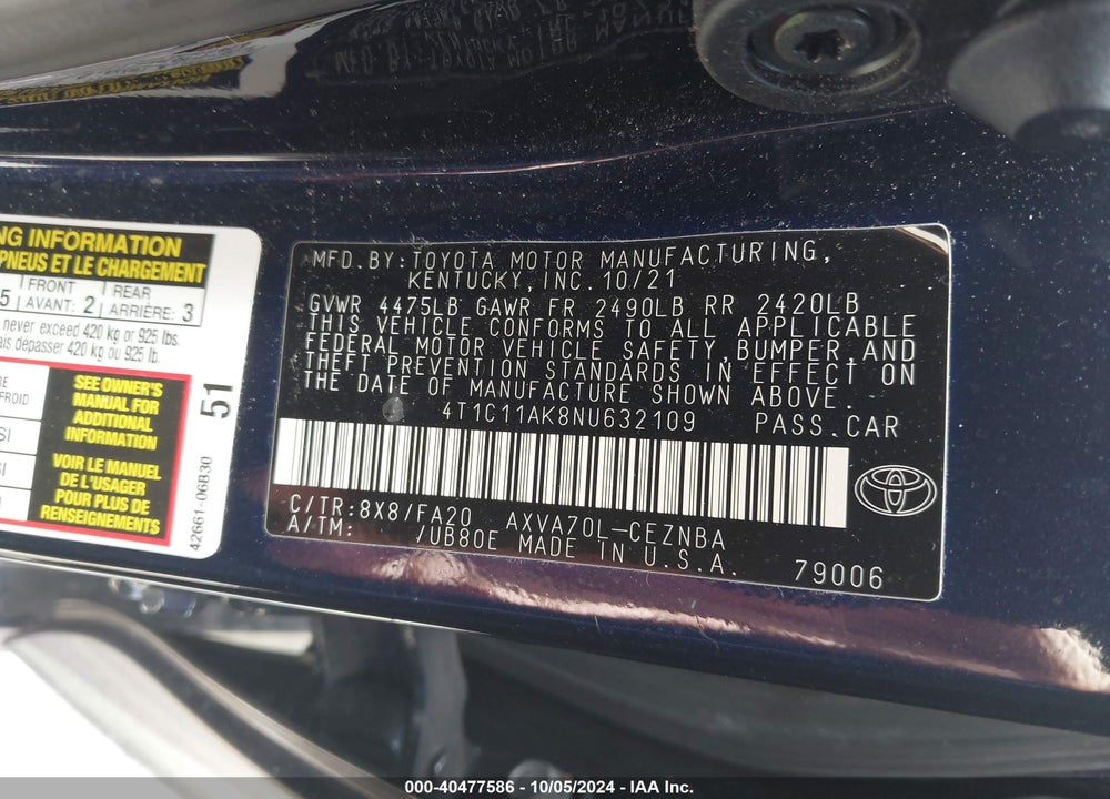 2022 TOYOTA CAMRY LE VIN: 4T1C11AK8NU632109